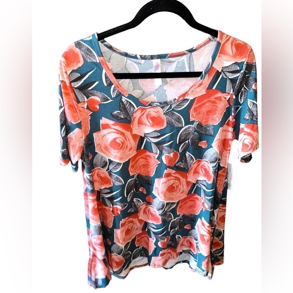 Lularoe medium Teal & coral Perfect T with hearts & roses! NWT